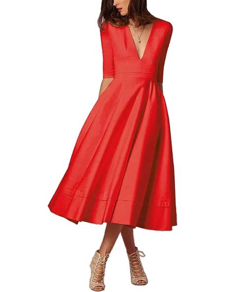 Womens Vintage 3 4 Sleeve V Neck Flare Cocktail Party Midi Dress With