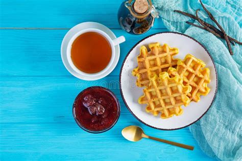 Sweet Pumpkin Waffles With Strawberry Jam Delicious Breakfast With