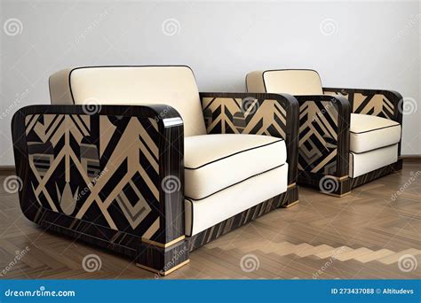 Art Deco Sofa And Armchair With Geometric Patterns And Clean Lines