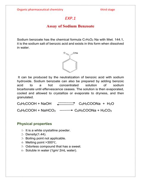 Lab 1 Assay Of Sodium Benzoate