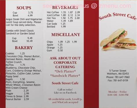 Menu At South Street Cafe Waltham