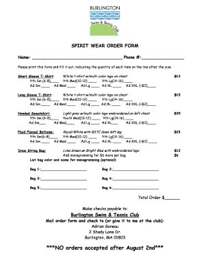 Fillable Online Bstc Spirit Wear Order Form Burlington Swim Tennis