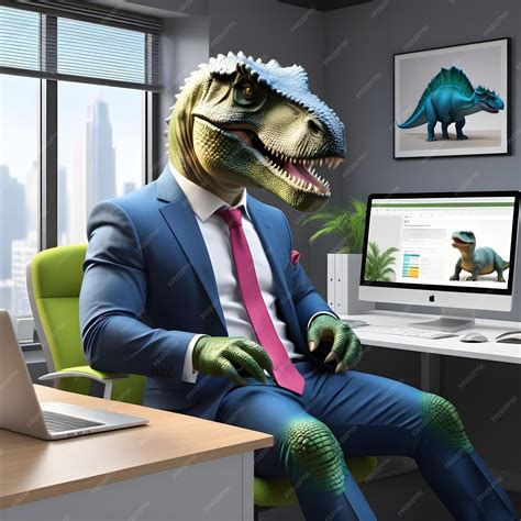 Premium Photo Dinasaur With Computer Office Worker Concept