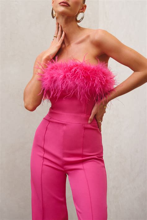 First Class Hot Pink Bandeau Feather Wide Leg Jumpsuit Club L London