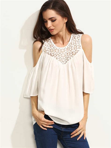 Lace Illusion Neckline Open Shoulder Blouse Shein Sheinside