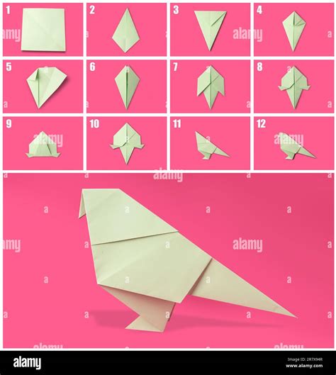 Origami art. Making paper bird step by step, photo collage on pink ...