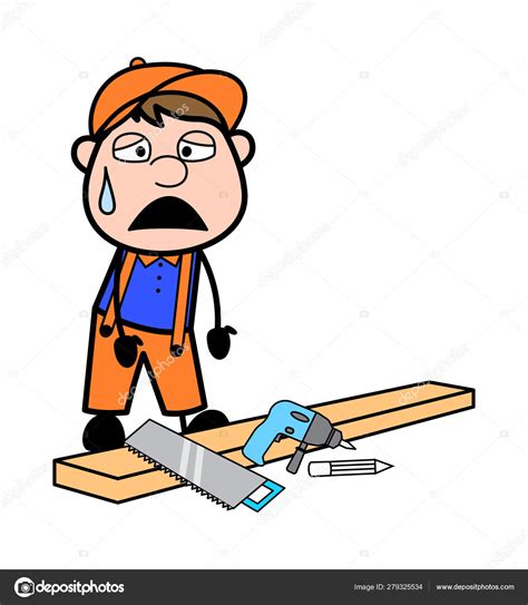 Getting Tired While Cutting Woods Retro Cartoon Carpenter Work Stock