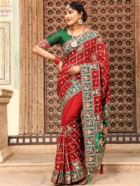 Buy Red Embroidered Silk Wedding Wear Panetar Saree With Blouse From