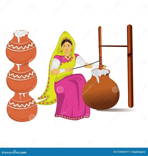 Indian Village Woman Making Butter With Bilona Stock Vector