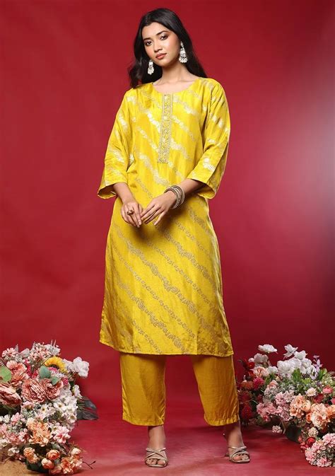 Buy Women Mustard Floral Embellished Brocade Kurta Set With Pants And