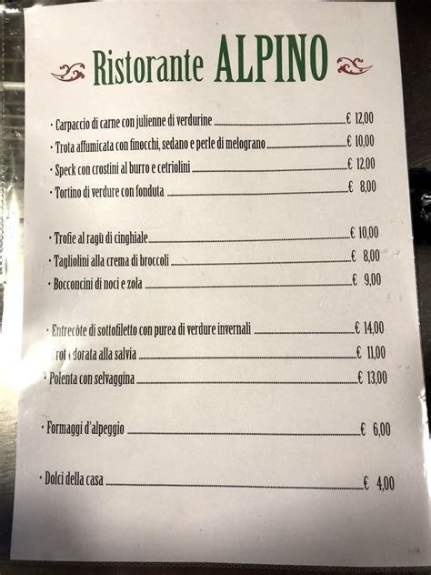 Speisekarte Von Ristorante Alpino Rima