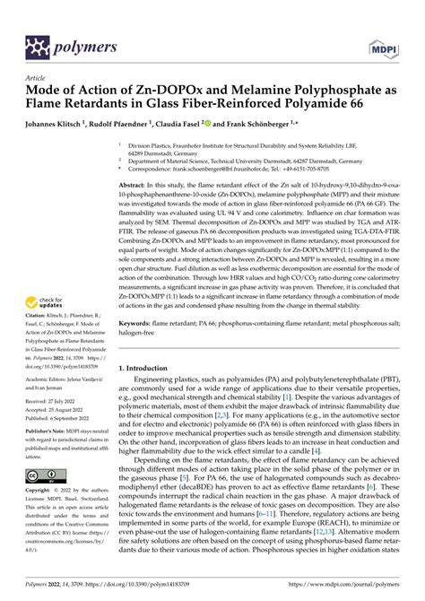 PDF Mode Of Action Of Zn DOPOx And Melamine Polyphosphate As Flame