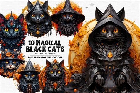 10 Magical Black Cat Halloween Clipart PNG Bundle