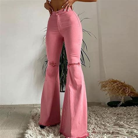 Womens Flare Bell Bottom Jeans High Waist Lace Wide Leg Flared Denim Pants Vintage Ripped