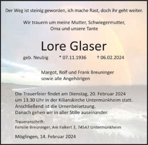 Traueranzeigen Von Lore Glaser Trauerundgedenken De