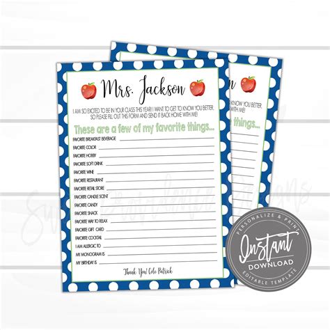 Editable Teachers Favorite Things Teacher Questionnaire Survey Few