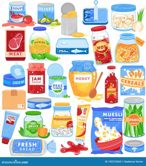 Food Can Packaging Vector Illustration Set Cartoon Flat Canned Food