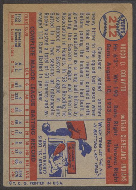 1957 TOPPS BASEBALL 212 ROCCO ROCKY COLAVITO ROOKIE CLEVELAND