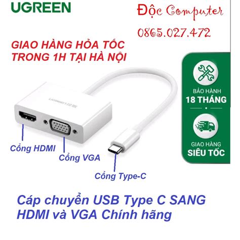 Cáp Chuyển đổi Usb Type C To Hdmi Vga Hỗ Trợ Full Hd 3d 4kx2k Chính Hãng Ugreen 30843 Cao Cấp