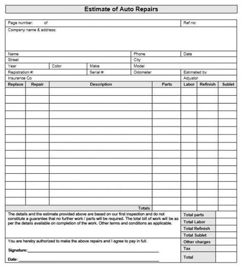 Editable Repair Estimate Form Template Free In Auto Repair