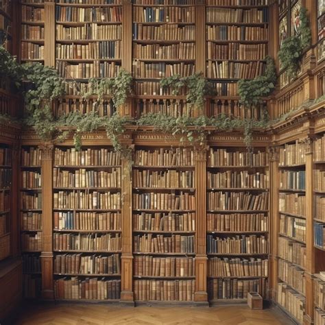 A Library With Wooden Shelves And Books Premium AI Generated Image