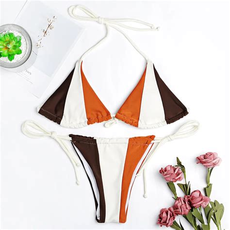 Gameit Women Bikini Set Halter Neck Backless Padded Color Blocking Low