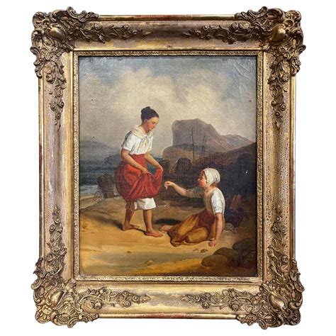 Early 19th Century French Oil on Canvas Beach Painting in Carved Gilt Frame - Country French ...