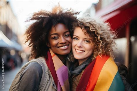 Lesbian Multiracial Gay Lesbian Couple Selfie At Pride Rally In Rainbow Colors Stock Photo