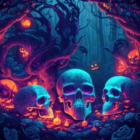 Premium AI Image | Halloween illustration showcasing neon skulls