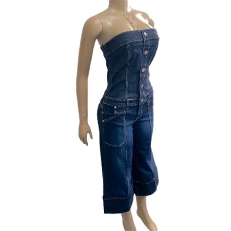 Y K Baby Phat Strapless Denim Jumpsuit Cuffed Wide Le Gem