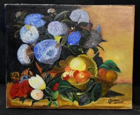 TABLEAU ANCIEN HUILE sur toile Nature morte fleurs et fruits signé