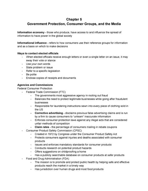 Chapter 5 notes - Chapter 5 Government Protection, Consumer Groups, and