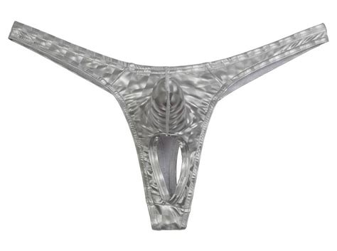 New Men Bikini Long Pouch T Back D Pattern Nuts Out Thong Faux Ball Hole Underwear Mu