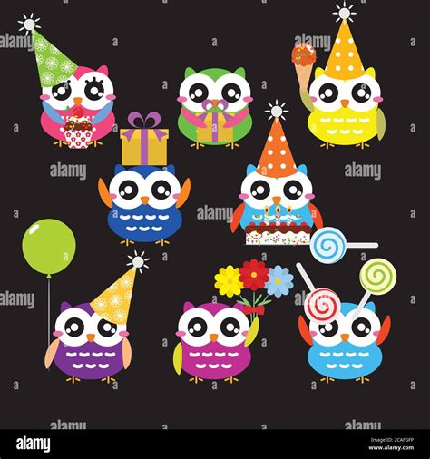 Set Of Birthday Party Elements With Cute Owls Vector Illustration