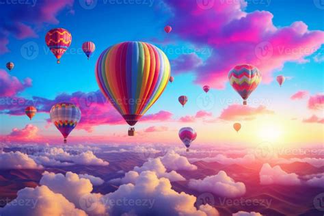 Vibrant Sky Background With Colorful Hot Air Balloons Generative AI Stock Photo At