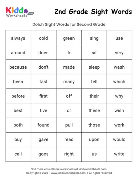 Free Printable Sight Words Nd Grade Worksheet Kiddoworksheets