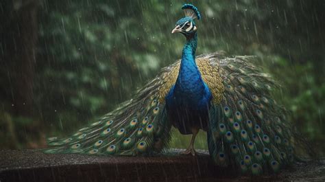 Premium Ai Image A Peacock Stands In The Rain In The Rain