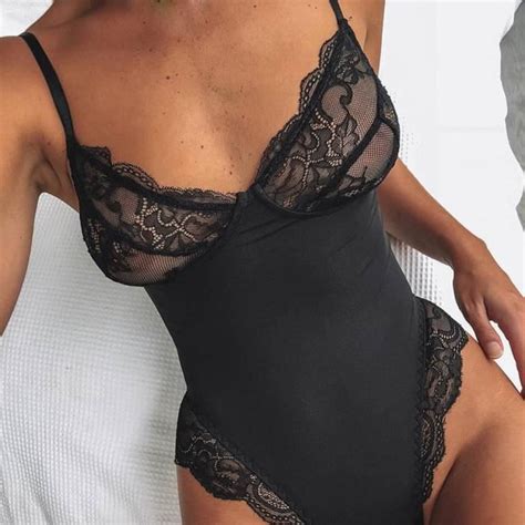 One Piece Dentelle Sexy Femme Lingerie Floral Body Skinny Body Pantalon Vêtements de nuit Noir