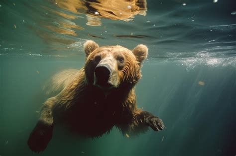 Premium Ai Image A Brown Bear Swimming In The Water With The Sun