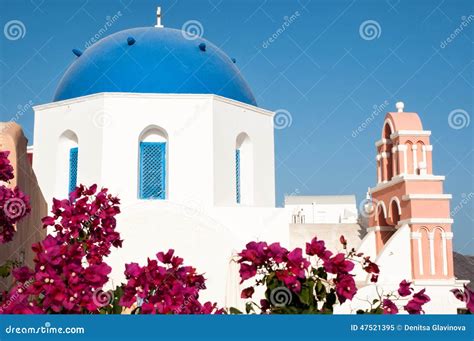 Iconic Blue Domed Church In Fira Santorini Stock Image Image Of