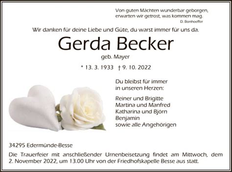 Traueranzeigen Von Gerda Becker Trauer HNA De