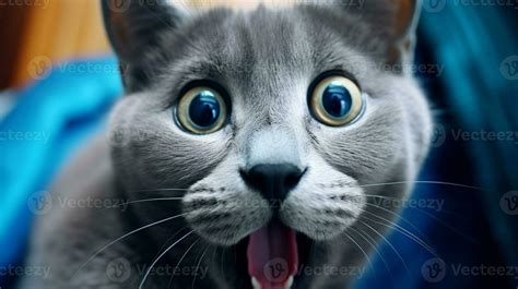 Close-up Photo of a funny shocked Russian Blue sticking out his tongue. Generative AI 29872473 ...