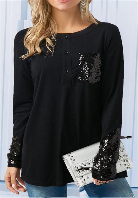 Black Patchwork Sequin Buttons Pockets Glitter Casual T Shirt T