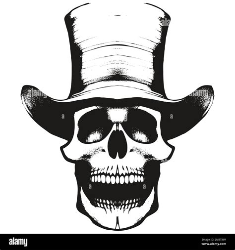 Realistic Skull Top Hat Tattoo Vector Hand Drawn Black And White Clip