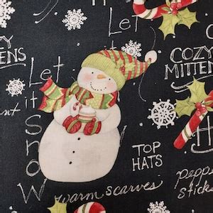 Susan Winget Hooray For Snow Snowman Christmas On Black Cotton For