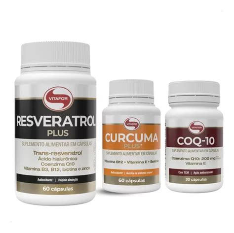 Kit Viver Bem Resveratrol Coenzima E Curcum Vitafor Cápsulas Frete grátis