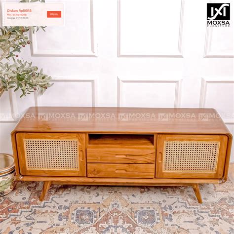 Jual Buffet Meja Tv Kayu Jati Kombinasi Pintu Rotan Minimalis Retro