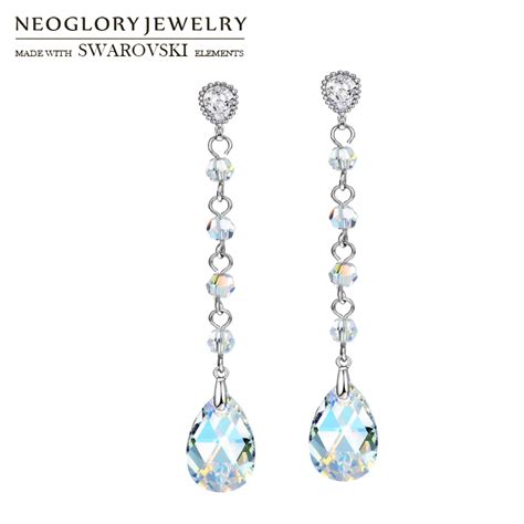 Neoglory Austria Crystal And Zircon Long Drop Earrings Water Drop Stylish