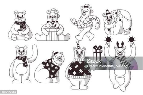 Black And White Cartoon Retrostyle Christmas Polar Bear Characters Set