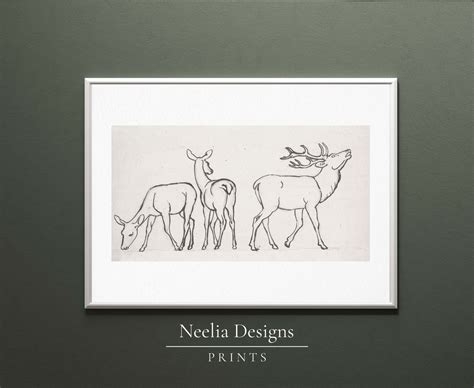 Deer Family Drawing Vintage Sketch Digital Print Wall - Etsy